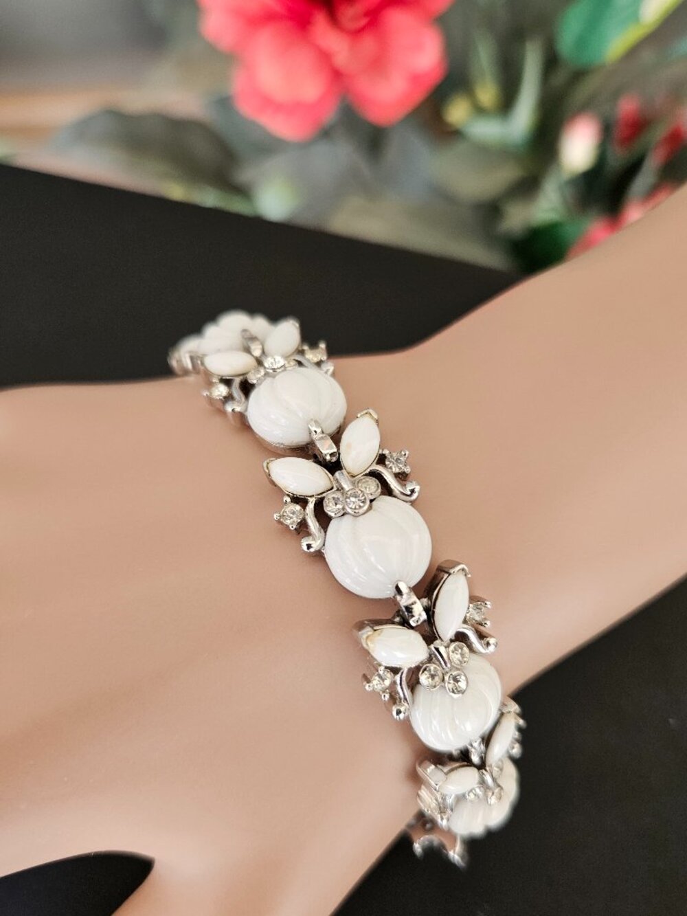 Vintage Crown Trifari Molded Melon Milk Glass & Rhinestone Bracelet